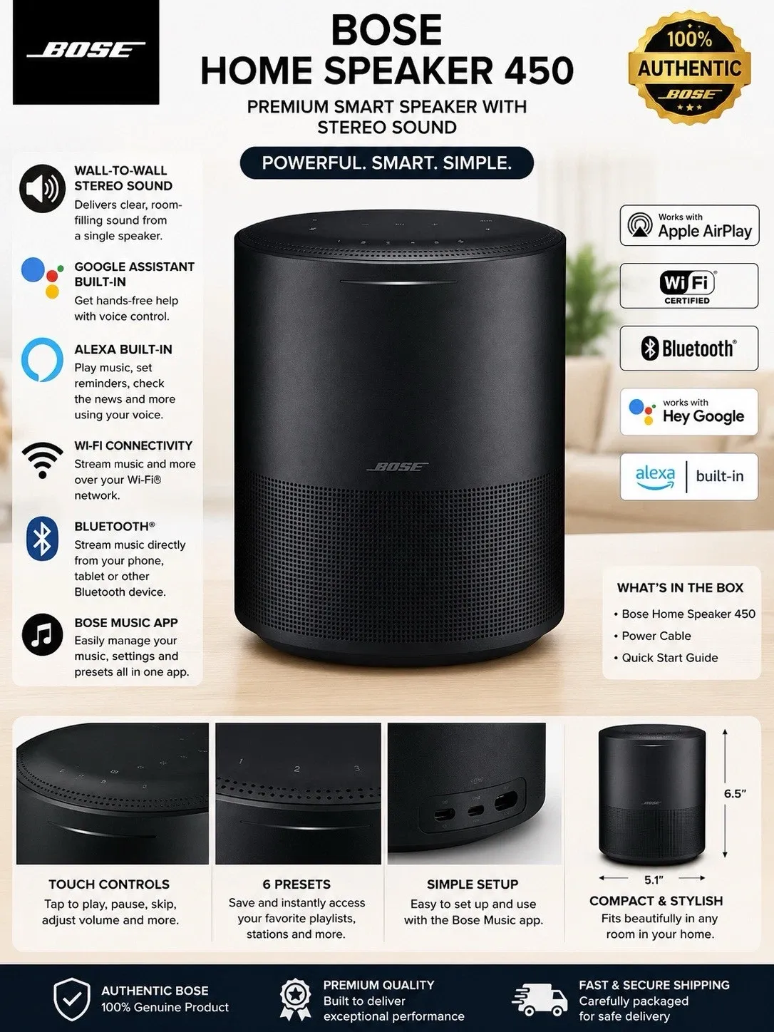 Bose Home Speaker 450 Smart Bluetooth & Wi-Fi Voice Control Speaker – Black
