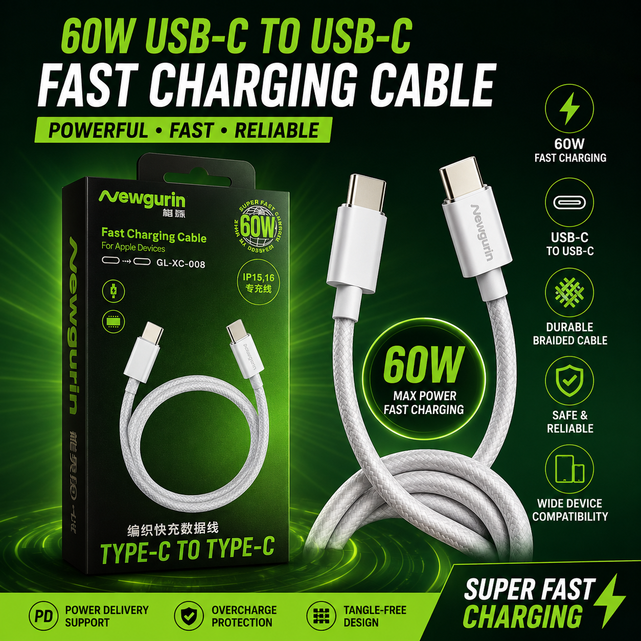 Brand New 60W USB-C to USB-C Fast Charging Cable – Braided USB-C Charging Cord for Phones, Tablets & Laptops