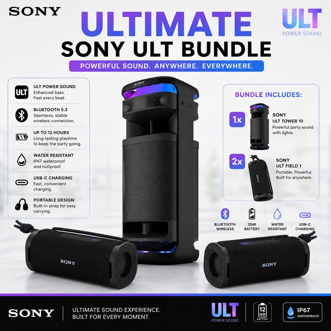 Sony ULT Ultimate Bundle – ULT Tower 10 + ULT 1 + ULT 3 + 2 Free USB-C Cables - Image 17
