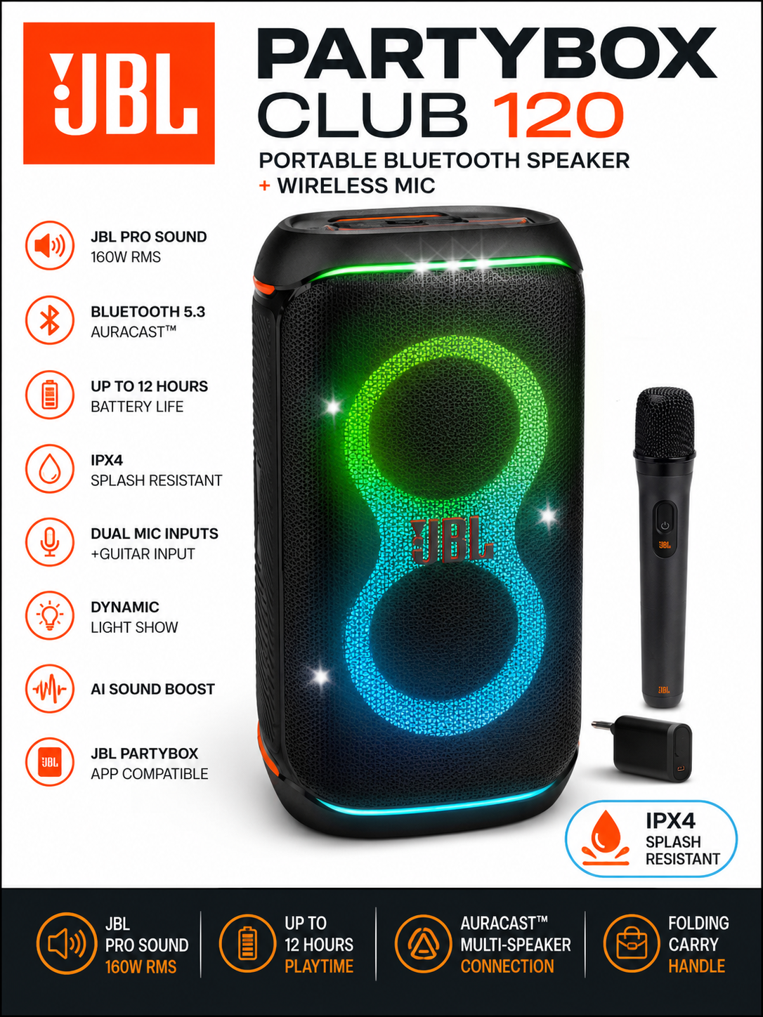 JBL PartyBox Club 120 Bluetooth Party Speaker + Wireless Mic Open Box