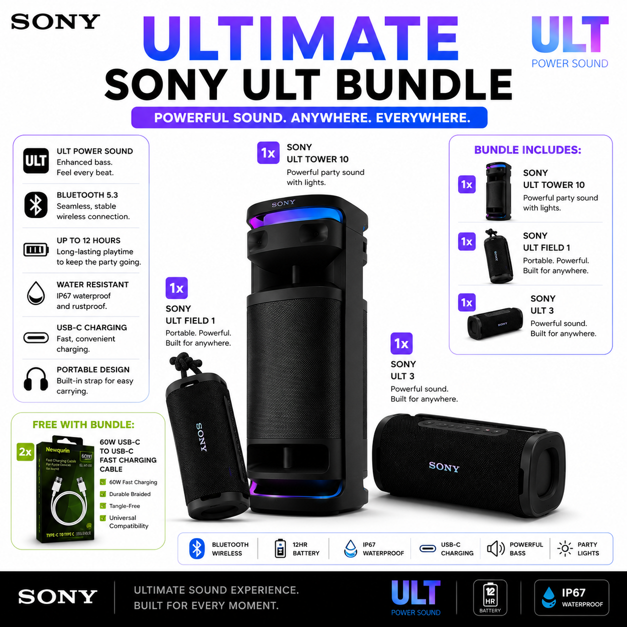 Sony ULT Ultimate Bundle – ULT Tower 10 + ULT 1 + ULT 3 + 2 Free USB-C Cables