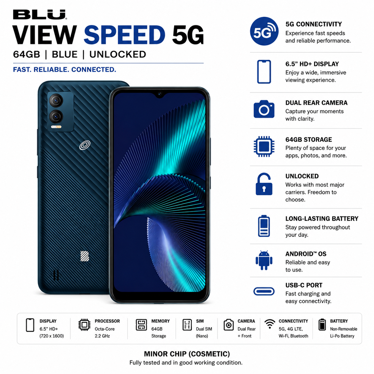 BLU View Speed 5G 64GB Blue Unlocked Android Smartphone – Minor Chip – Tested