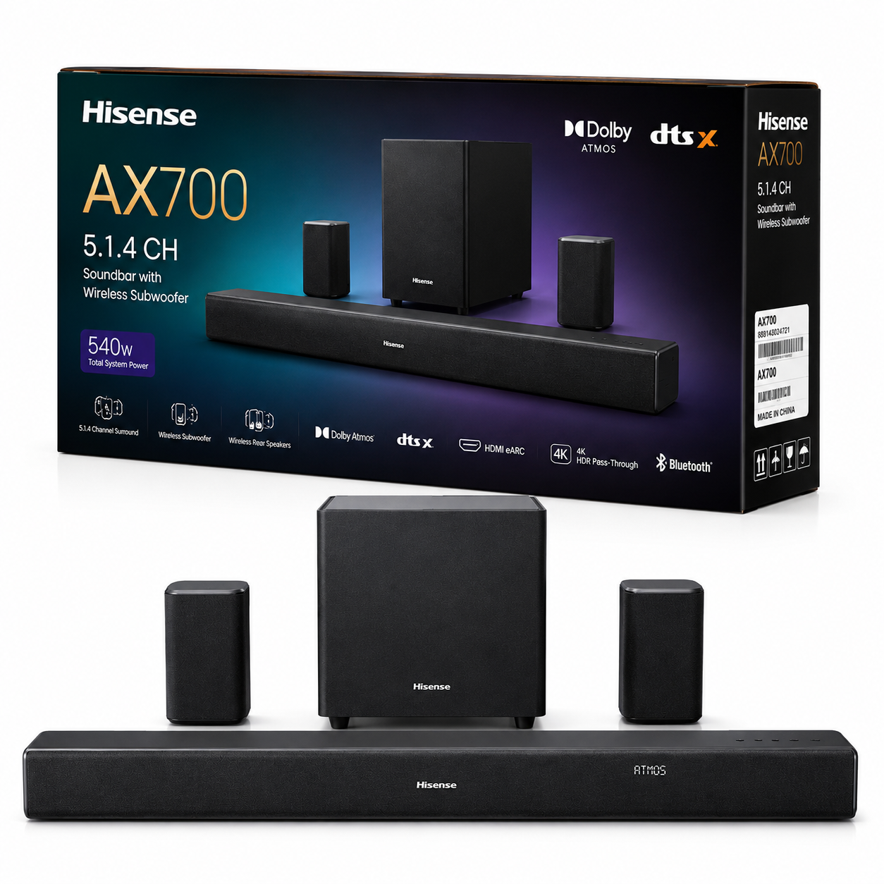 Hisense AX700 5.1.4CH Dolby Atmos DTS:X Soundbar Wireless Subwoofer System