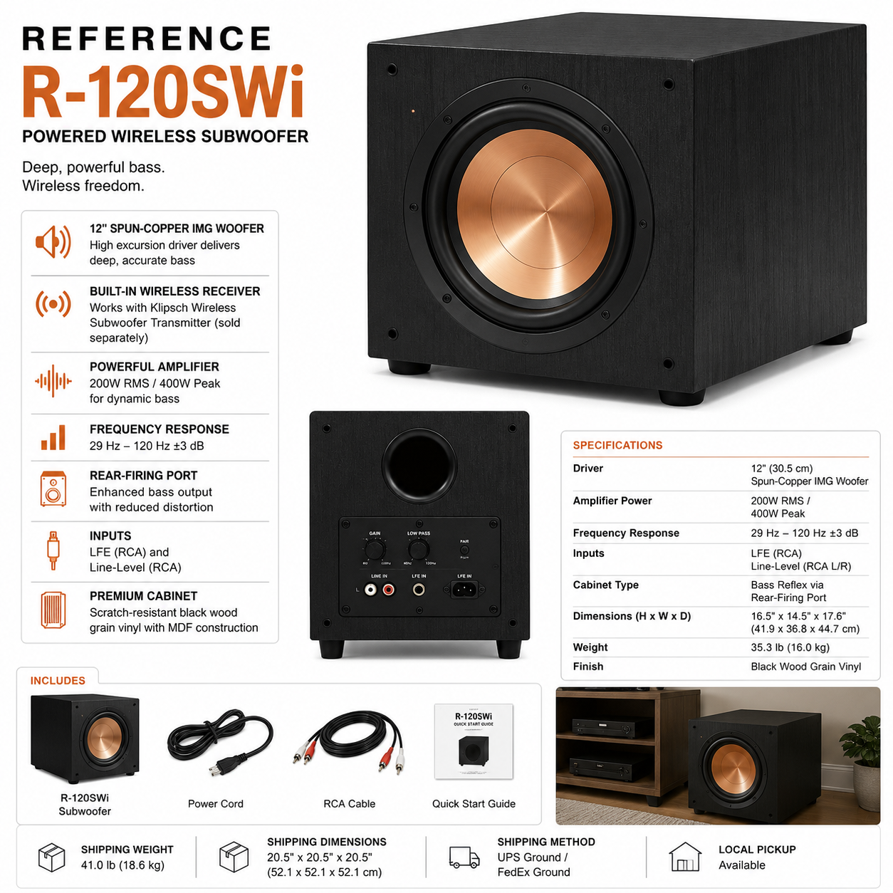 Klipsch Reference R-120SWi 12” Powered Wireless Subwoofer 200W RMS 400W Peak