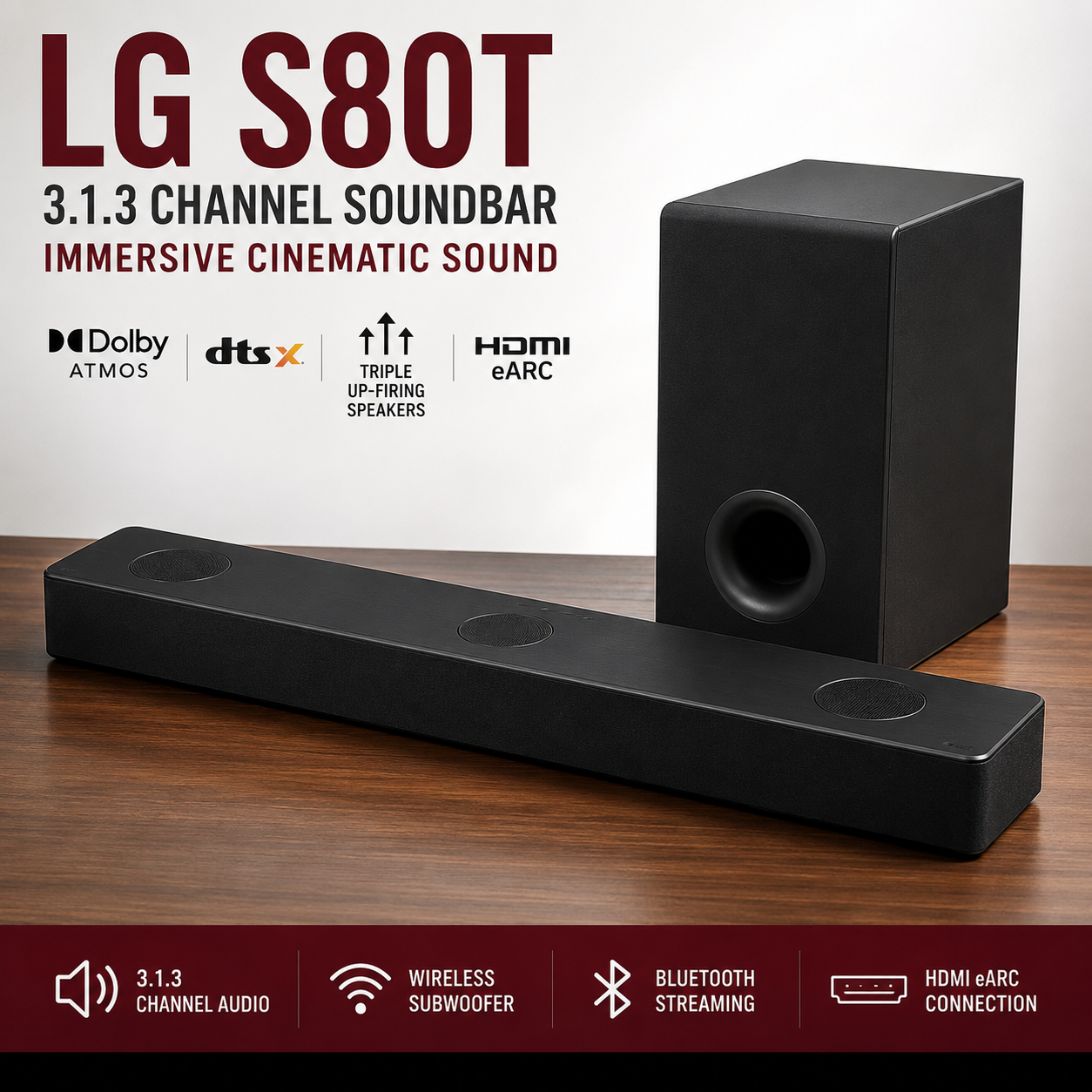 LG S80T 3.1.3 Channel Dolby Atmos Soundbar w/ Wireless Subwoofer HDMI eARC Bluetooth