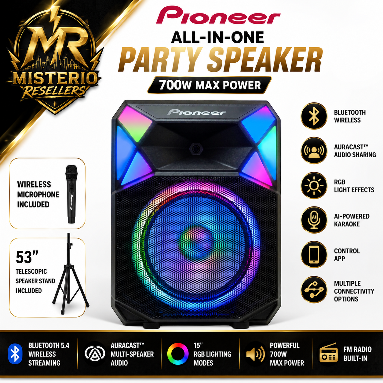 Pioneer PSX615 700W 15" Bluetooth Party Speaker RGB LED Auracast Mic & Stand