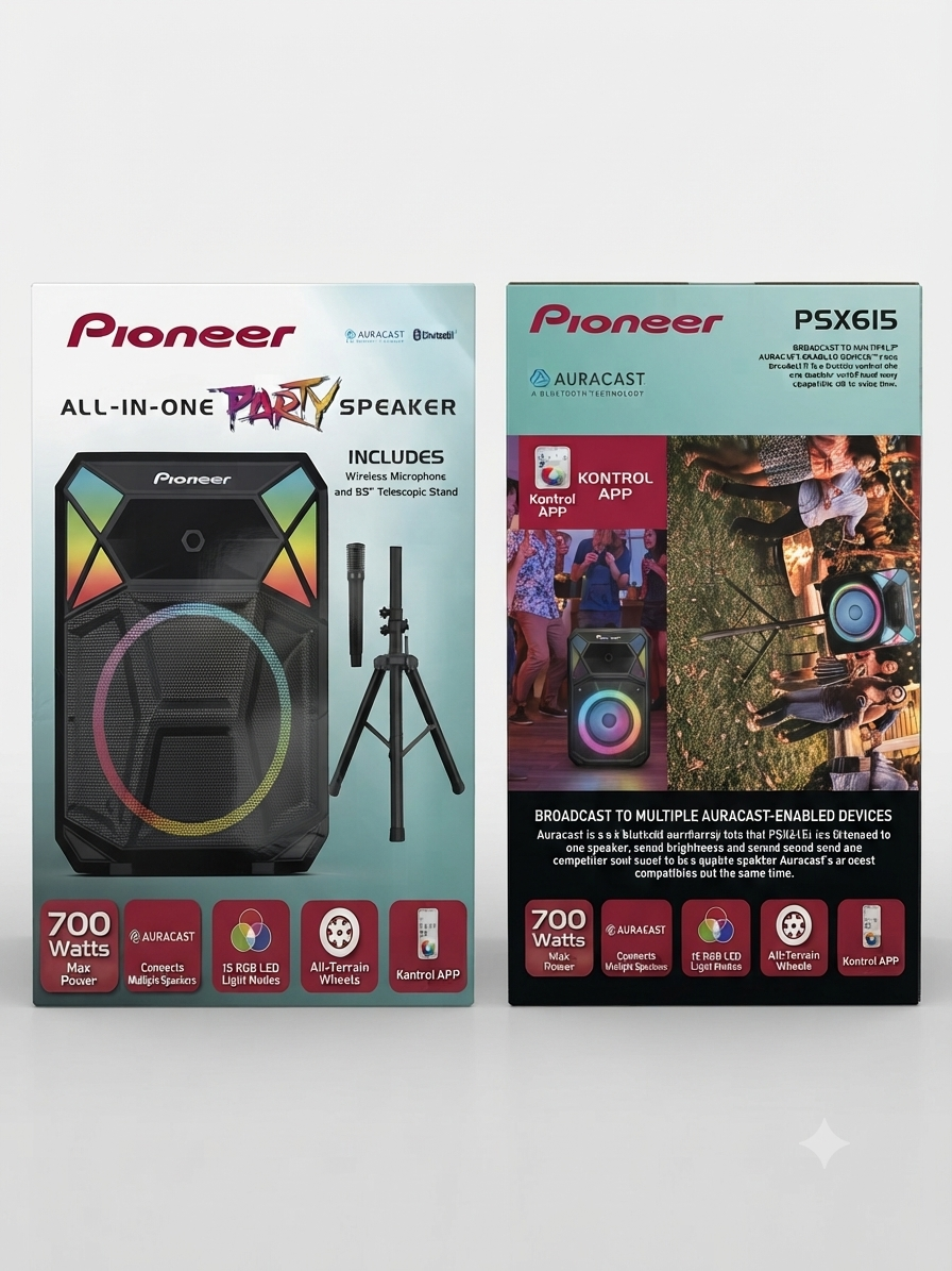 Pioneer PSX615 700W 15" Bluetooth Party Speaker RGB LED Auracast Mic & Stand - Image 7