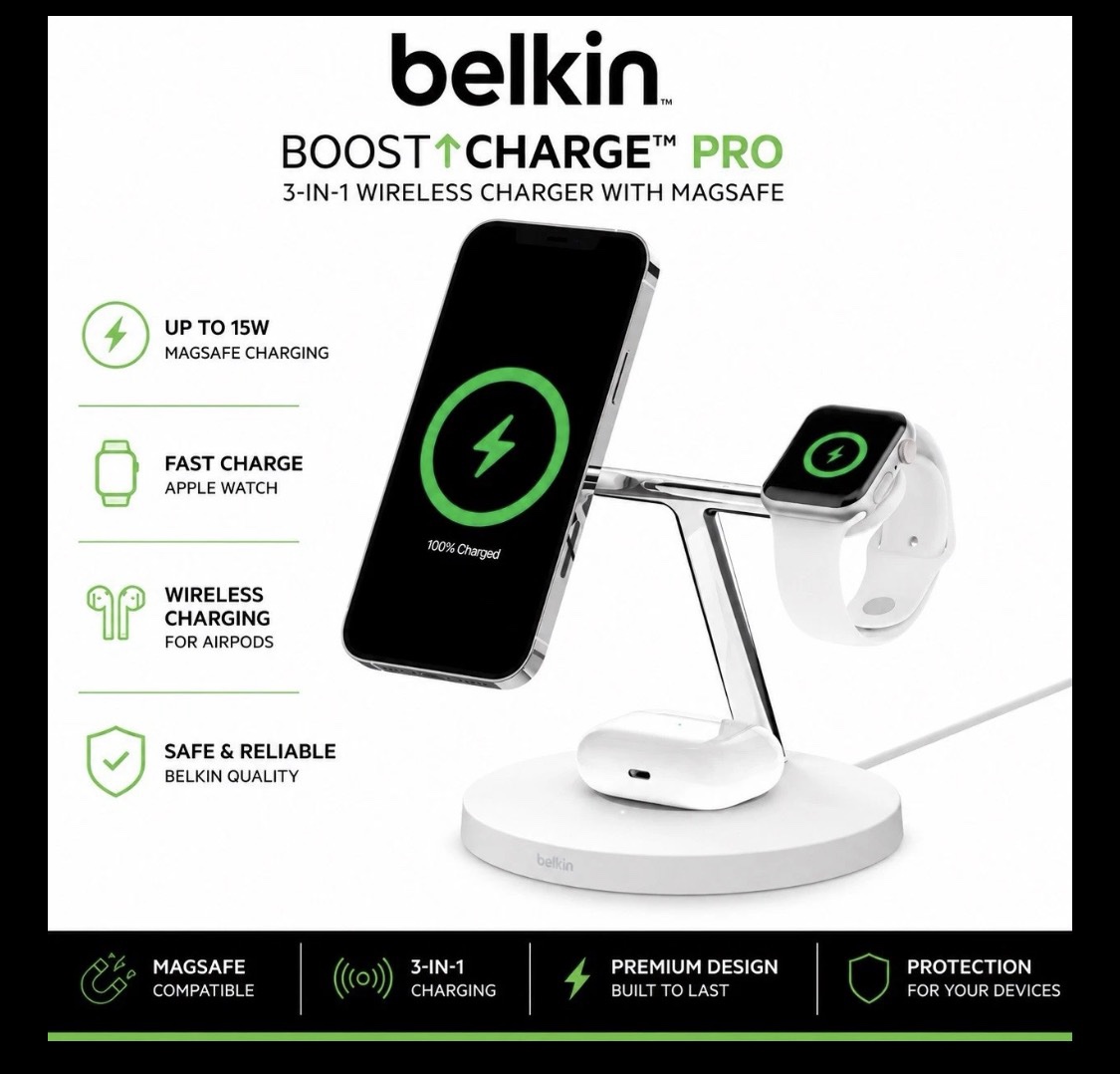 Belkin BoostCharge Pro 3-in-1 MagSafe Wireless Charger 4 iPhone, Watch & AirPod