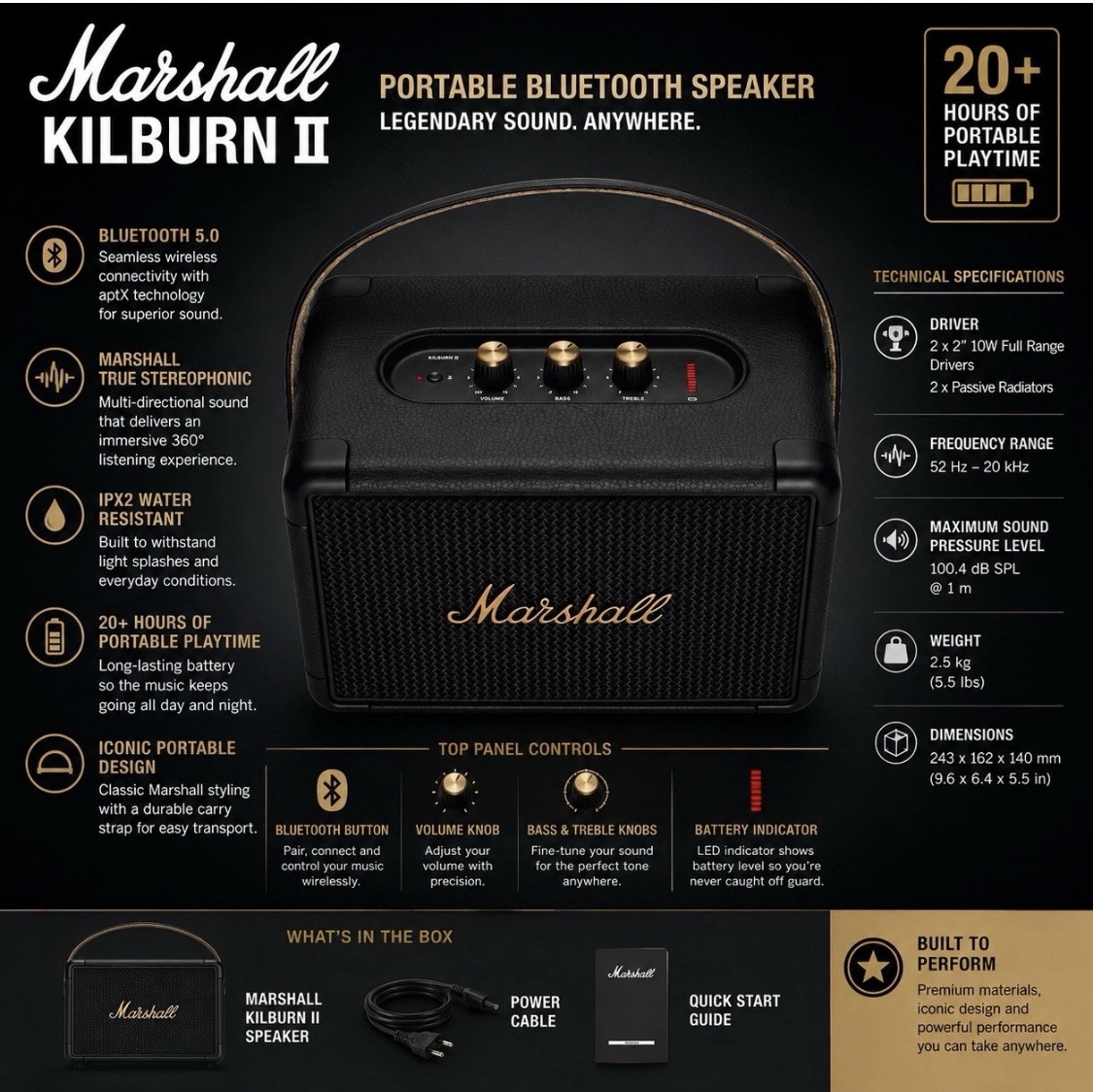 Marshall Kilburn II 2 Wireless Portable Bluetooth Speaker 20+HR, Black and Brass