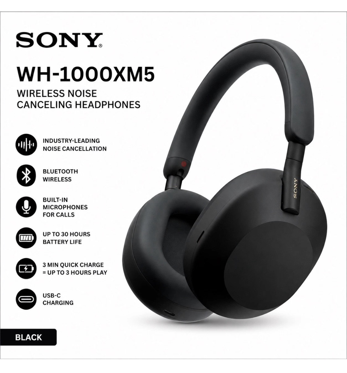 Sony WH-1000XM5SA Wireless Noise-Canceling Headphones | Bluetooth | ANC | Black